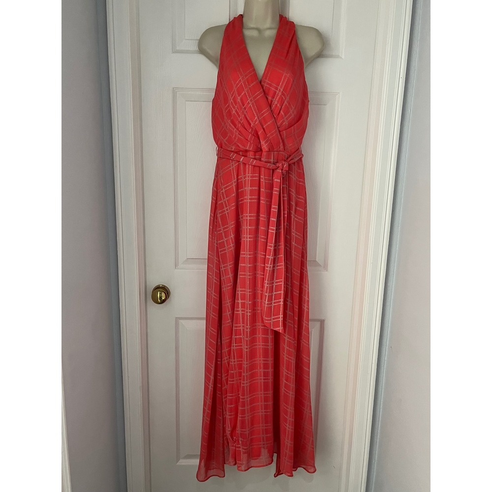 Chetta B Coral Pink Grid Print Halter Maxi Wrap Dress Sz 8 Summer Wedding Guest
